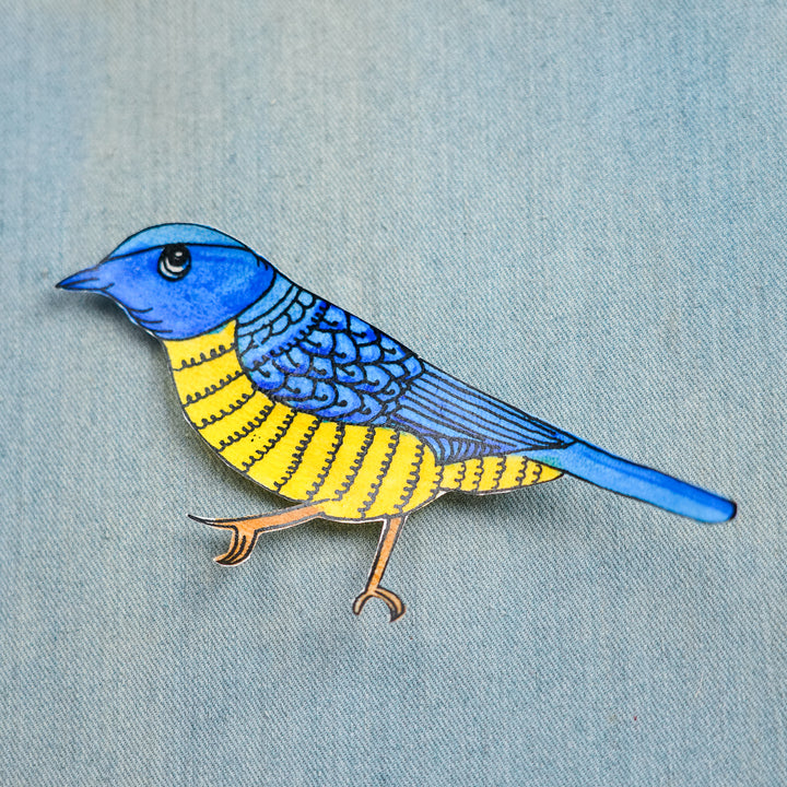 Hand-Painted Blue & Yellow Bird Tholu Bommalata Fridge Magnet