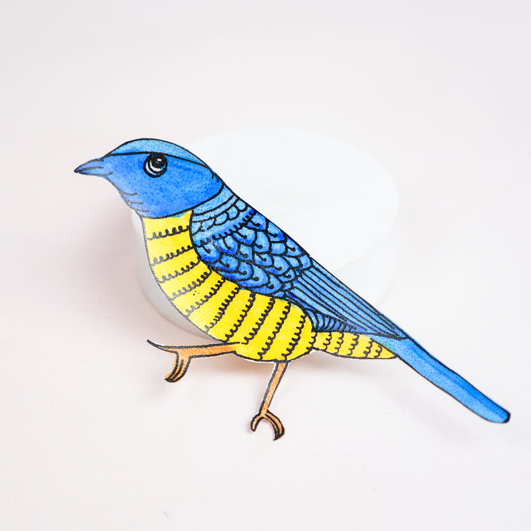 Hand-Painted Blue & Yellow Bird Tholu Bommalata Fridge Magnet