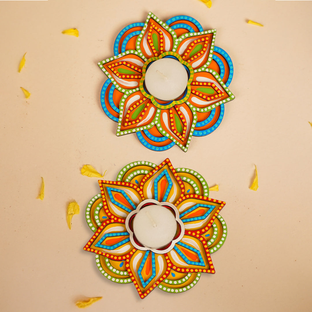 Hand-Painted Dot Art Multicolor MDF Wood Tealight Holder | Set Of 2