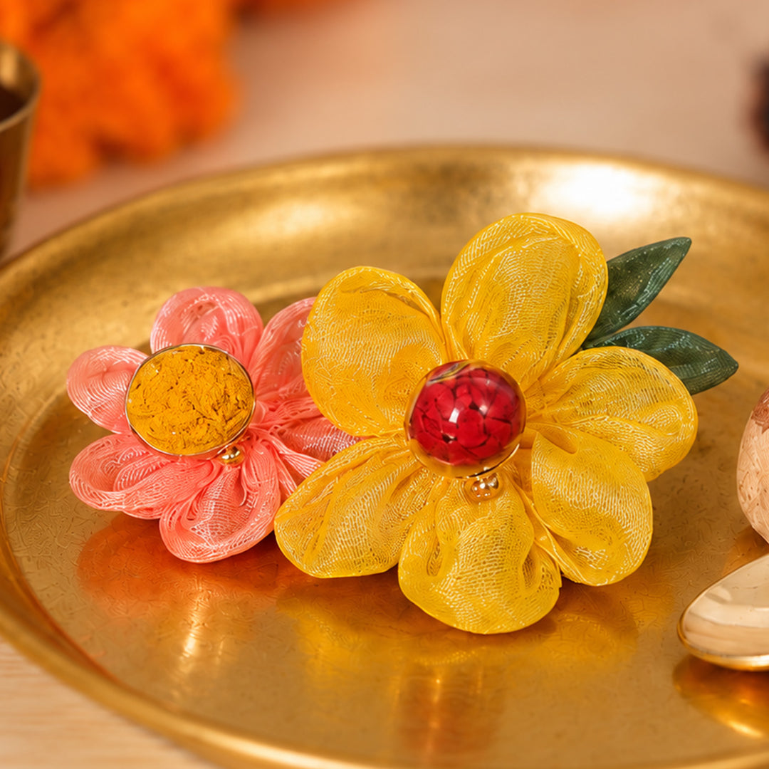 Flower Clip Assorted Fabric Roli Chawal Haldi Kumkum Holder For Puja And Festive Gifting