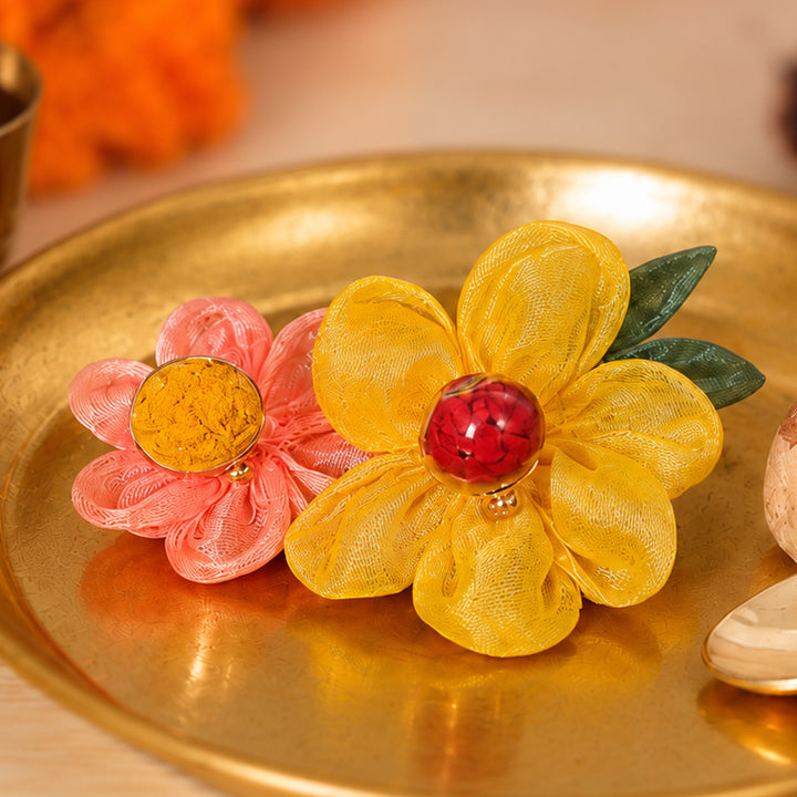 Flower Clip Assorted Fabric Roli Chawal Haldi Kumkum Holder For Puja And Festive Gifting