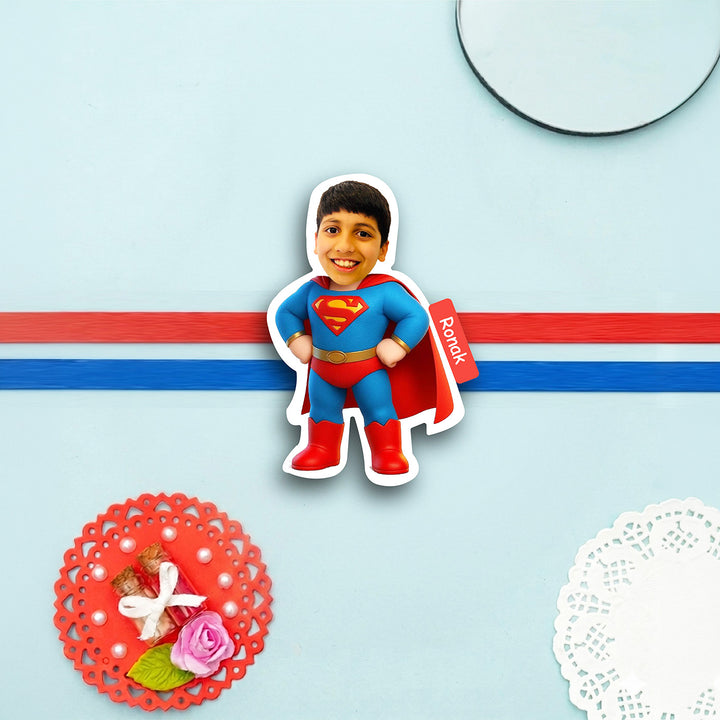 Photo Personalized Handmade Reusable Caricature Superman Mdf Wood Kids Rakhi With Roli Chawal