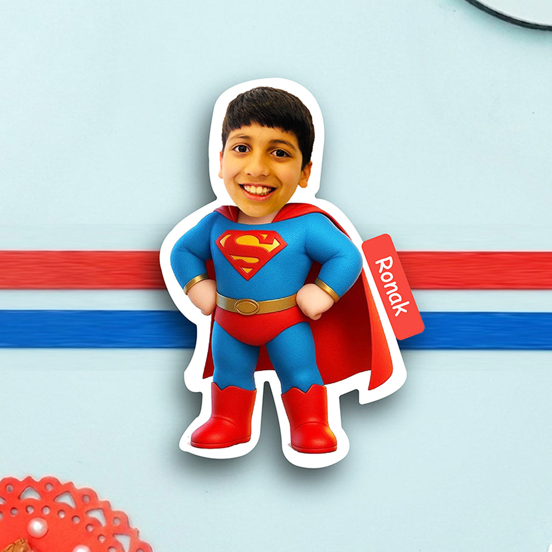 Photo Personalized Handmade Reusable Caricature Superman Mdf Wood Kids Rakhi With Roli Chawal