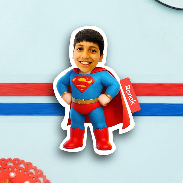 Photo Personalized Handmade Reusable Caricature Superman Mdf Wood Kids Rakhi With Roli Chawal