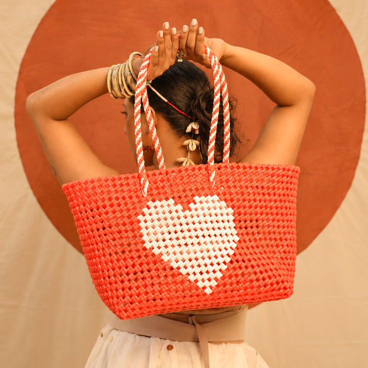 "Love Is In The Air" Red & White Heart Mukhya Knot Handmade Koodai Tote Bag With Candy Plastic Handle