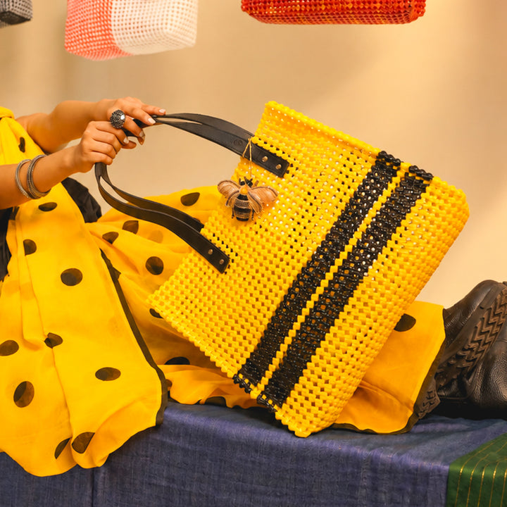 "Honey Bee" Boxy Handmade Wire Koodai Tote Bag With Bee Zardosi Charm