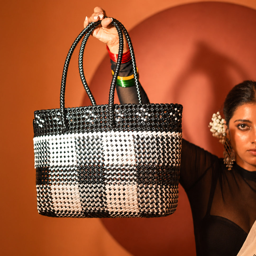 "The OG Checks" Black & White Handmade Wire Koodai Tote Bag