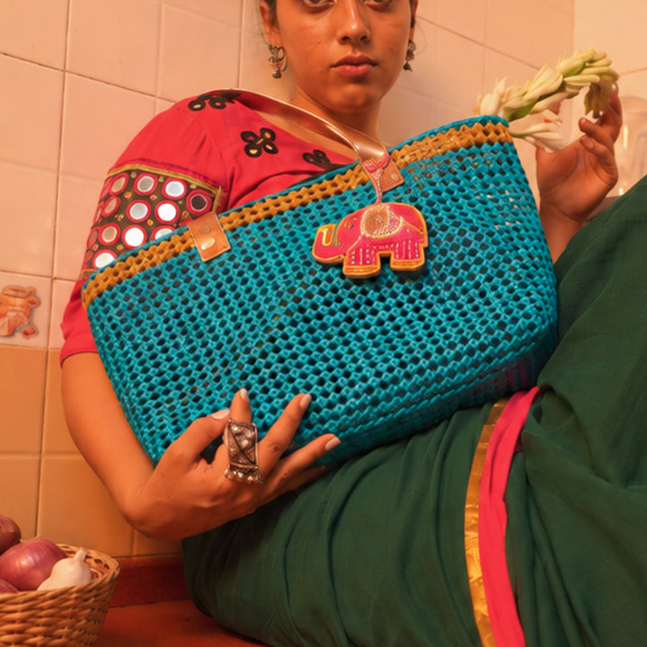 "Emerald" Green & Gold Handmade Wire Koodai Tote Bag With Cute Elephant Zardosi Charm