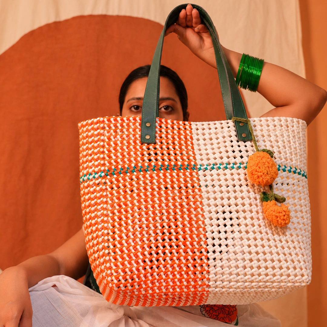 "Anand" Tricolour Colour Block Handmade Wire Koodai Tote Bag With Crochet Marigold Charm