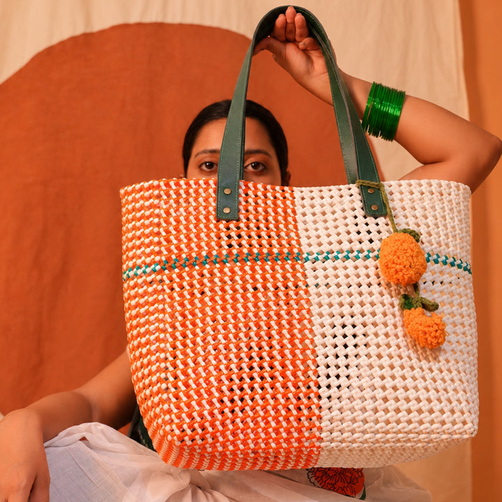 "Anand" Tricolour Colour Block Handmade Wire Koodai Tote Bag With Crochet Marigold Charm