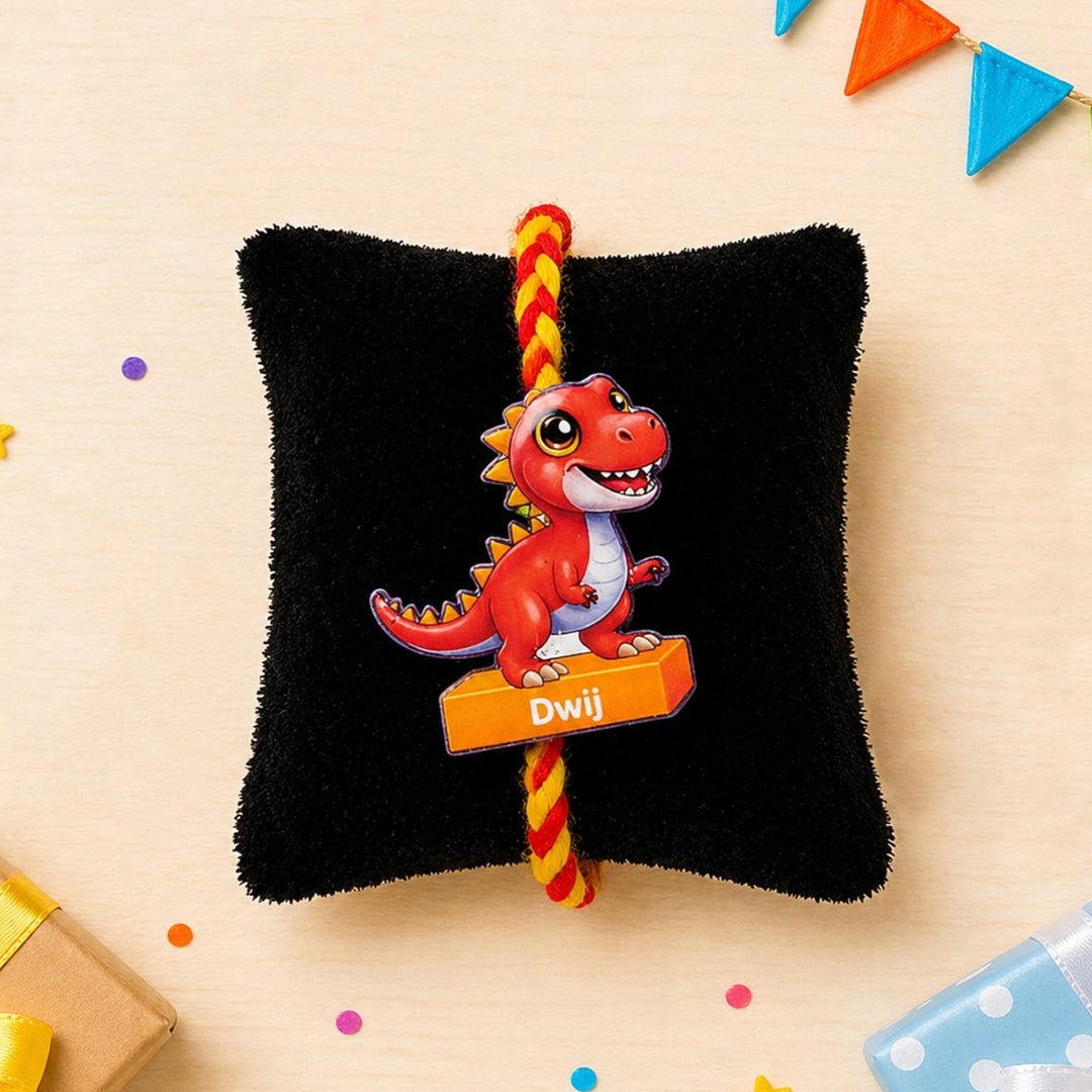 Personalized Reusable T-Rex Dino MDF Wood Rakhi With Roli Chawal