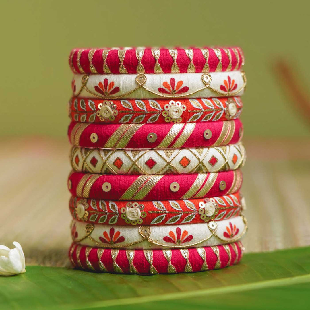 Red & White Handcrafted Elegant Gotta Patti Bangles | Set of 9