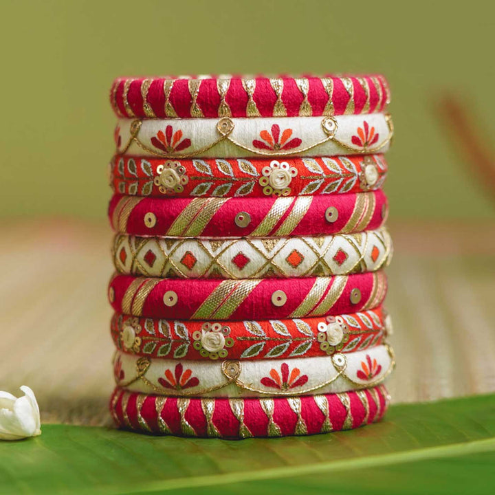 Red & White Handcrafted Elegant Gotta Patti Bangles | Set of 9