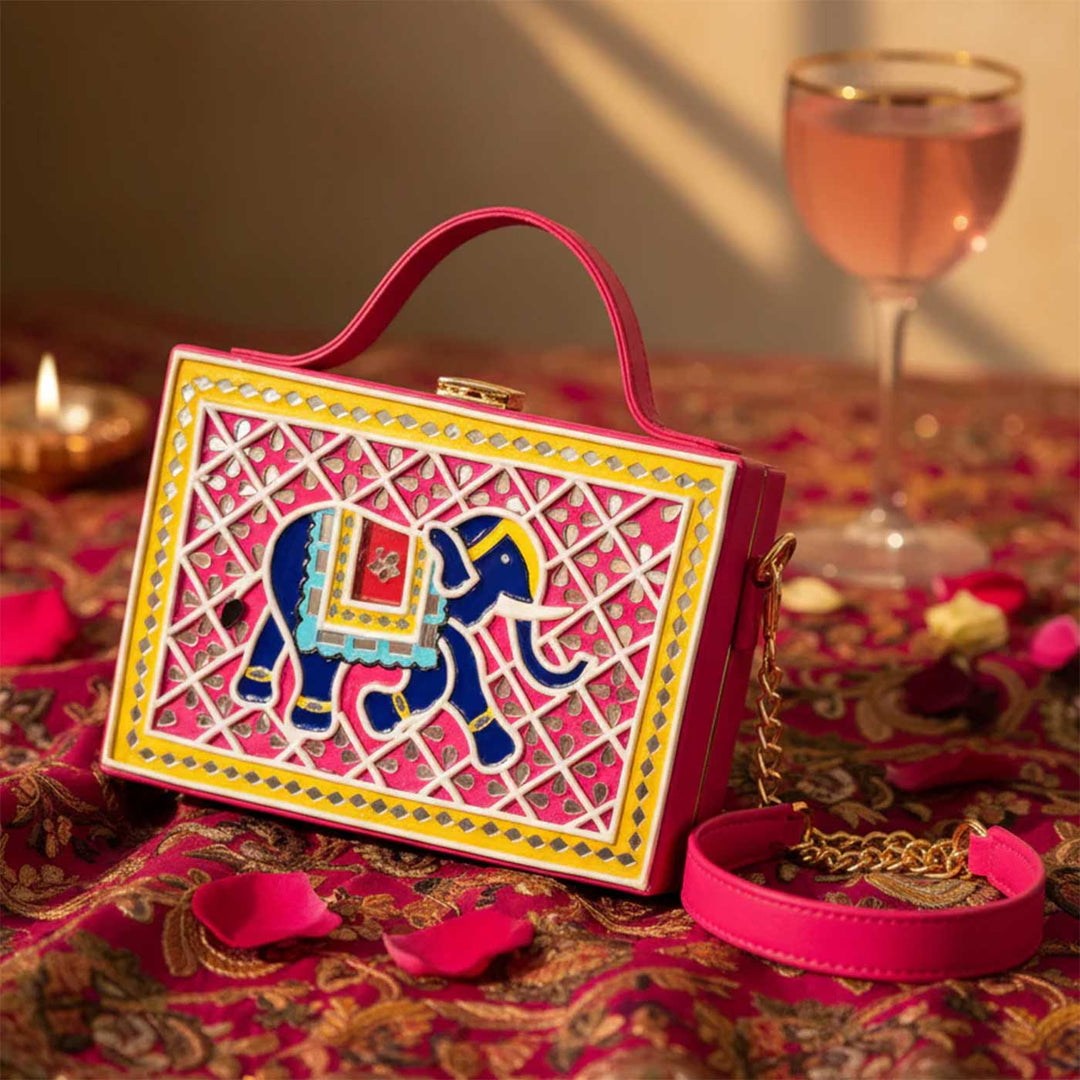 Handcrafted Elephant Lippan Art Box Sling Bag