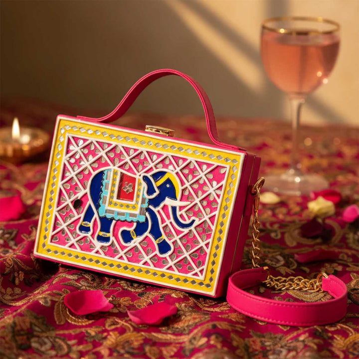 Handcrafted Elephant Lippan Art Box Sling Bag