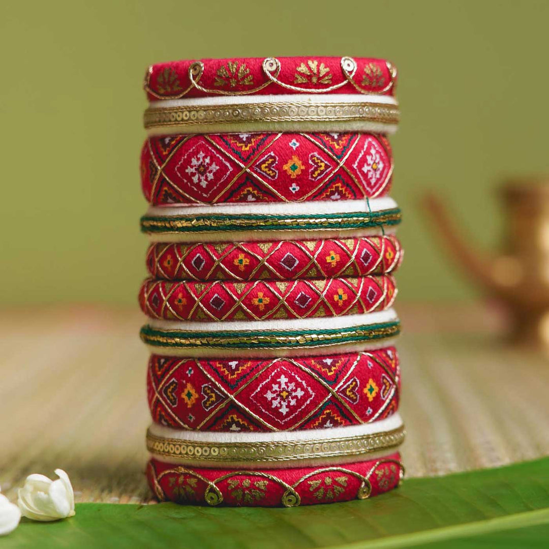 Red & White Handcrafted Elegant Patoda Bangles | Set of 10
