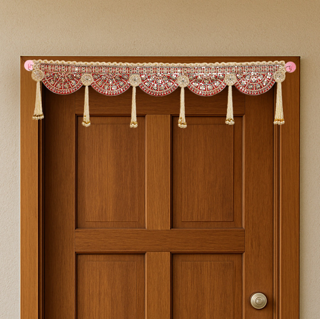 Handmade Decorative Red Mirror Work & Moti Toran