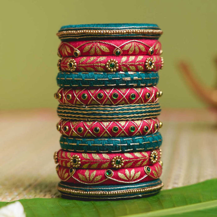 Red & Green Handcrafted Beaded Stone Bangles | Set of 11