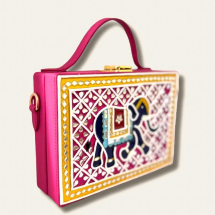Handcrafted Elephant Lippan Art Box Sling Bag