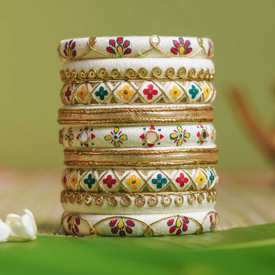 White Handcrafted Elegant Gotta Patti Bangles | Set of 9