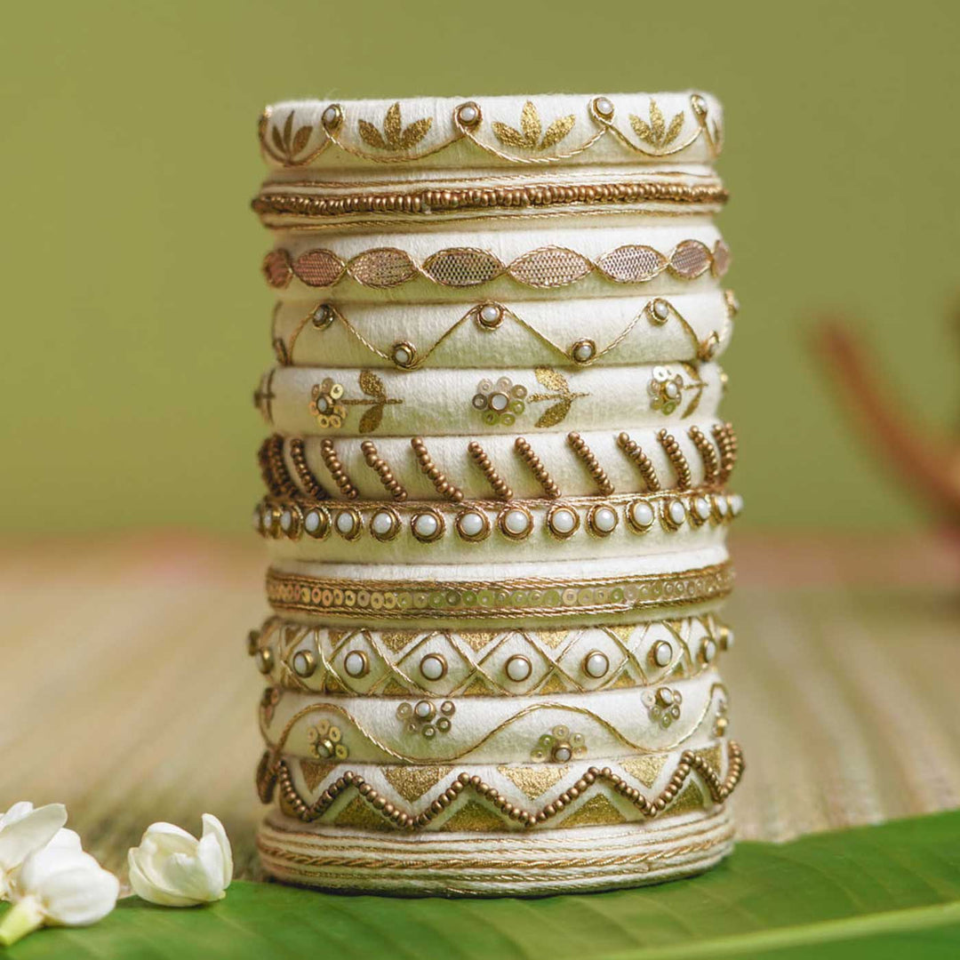 White Handcrafted Small Beads & Sequin Bangles | Set of 12