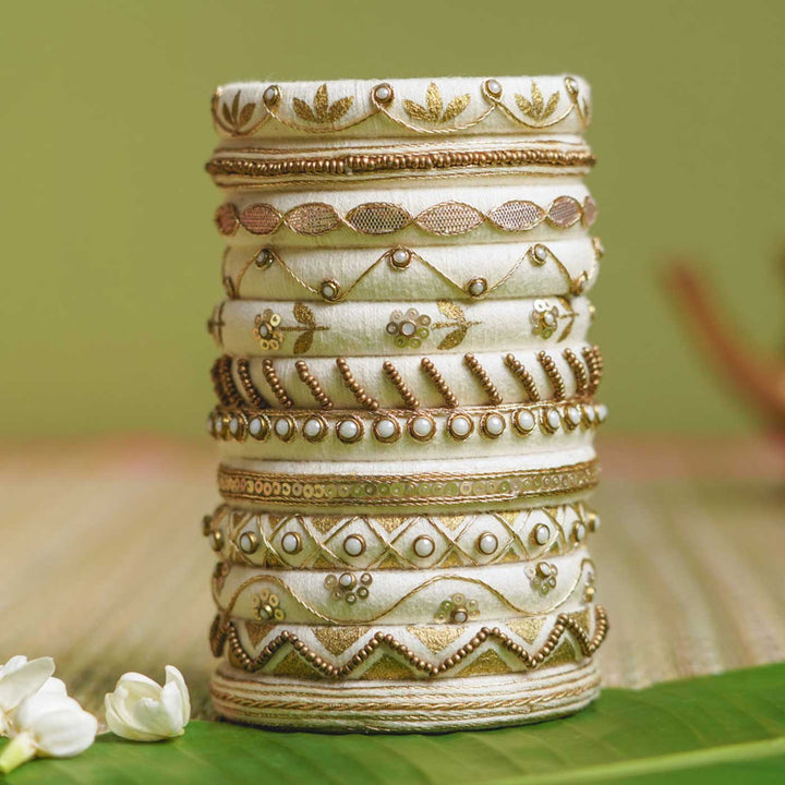 White Handcrafted Small Beads & Sequin Bangles | Set of 12