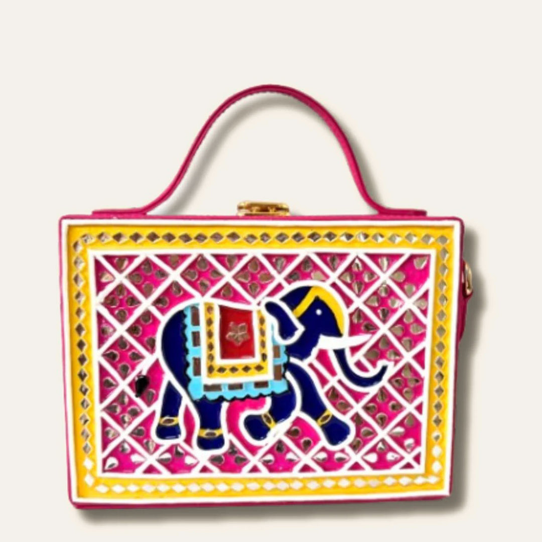Handcrafted Elephant Lippan Art Box Sling Bag