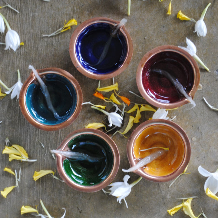 Copper Enamel Colorful Teardrop Diyas I Set of 6