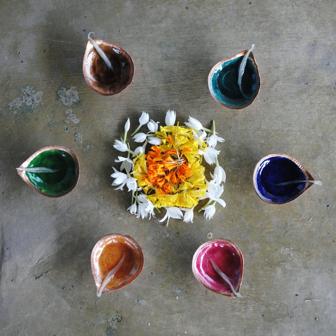 Copper Enamel Colorful Teardrop Diyas I Set of 6