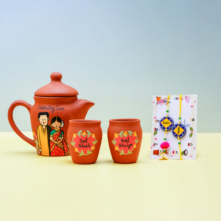 Photo Personalized Terracotta Caricature Teaset for Bhaiya & Bhabhi with Rakhi