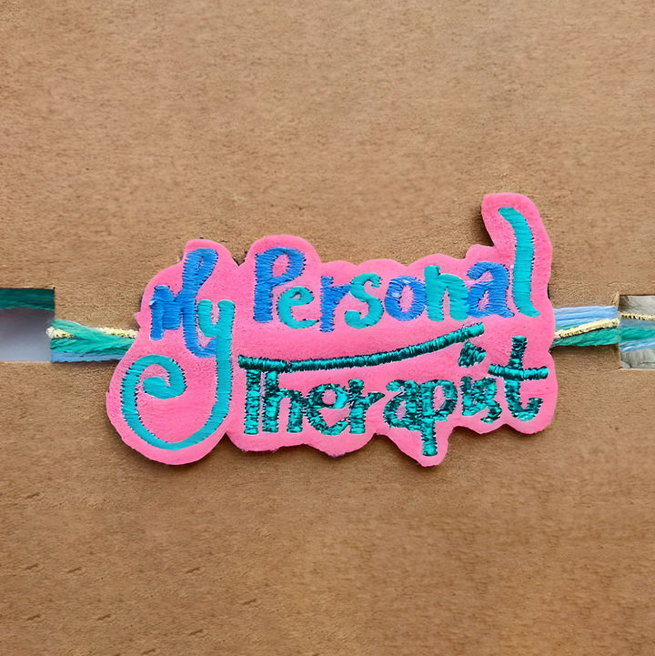 Handmade Reusable My Personal Therapist Felt Rakhi For Brother - Close-up on Product Detail