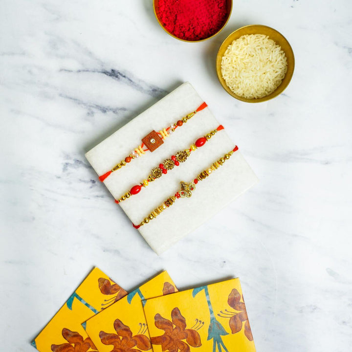 Embroidered Personalized Towel Rakhi Hamper 2 - Set of Three Rakhis with Rice and Kumkum
