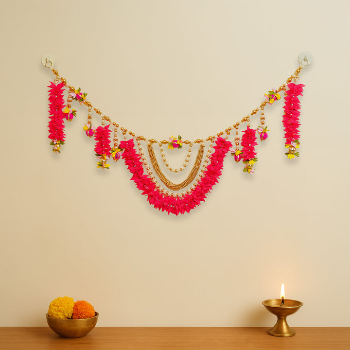Handmade Beaded Rani Pink Gajra With Moti Toran