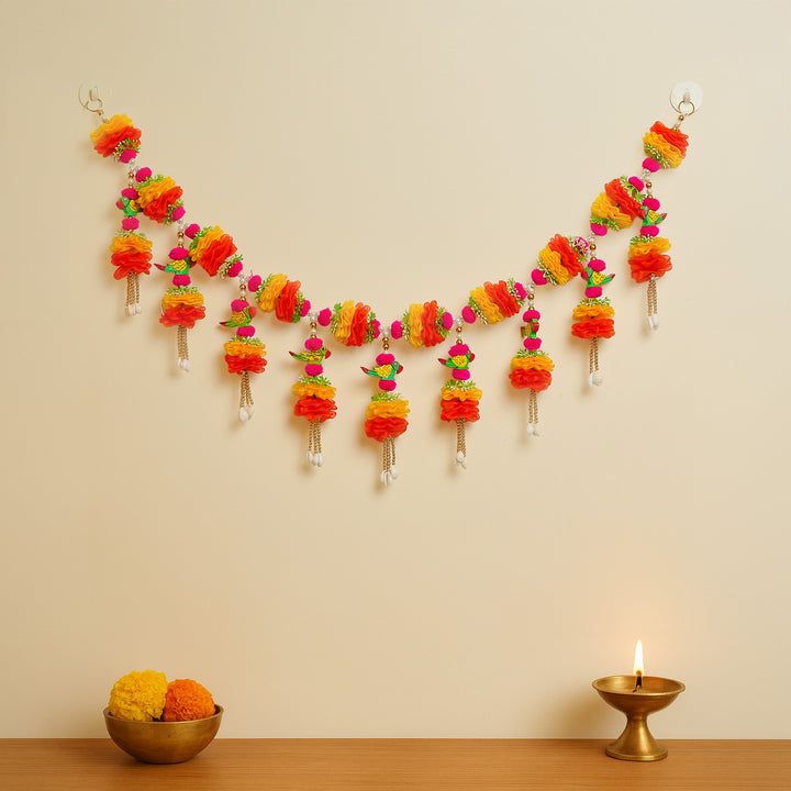 Handmade Yellow & Orange Flowers With Parrot Toran