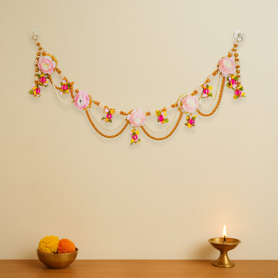 Handmade Beaded Pink Rose Flower & Moti Toran