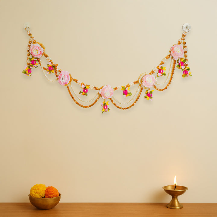 Handmade Beaded Pink Rose Flower & Moti Toran