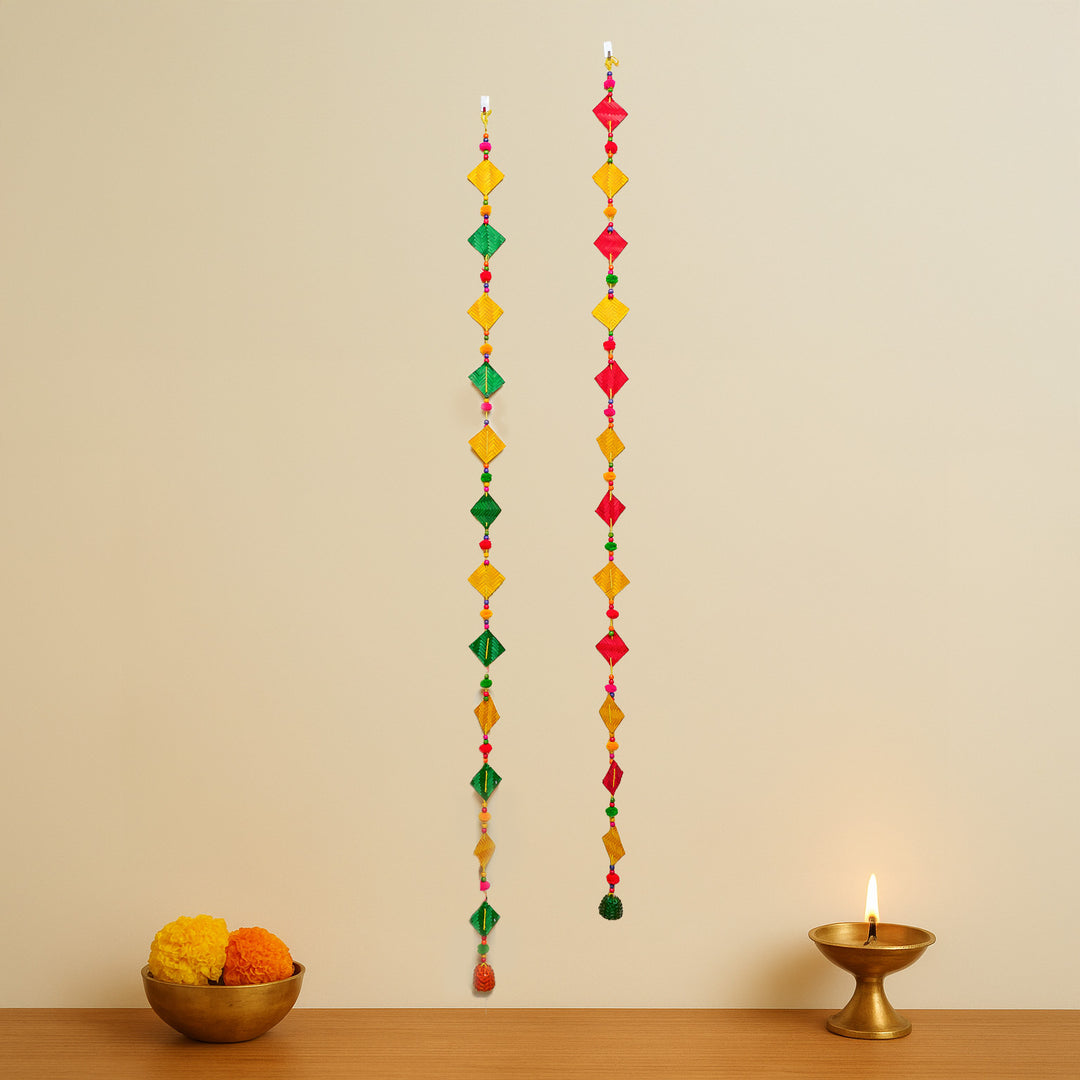 64 Inch | Extra Long Handmade Multicolor Square Pom Pom & Bamboo Hanging
