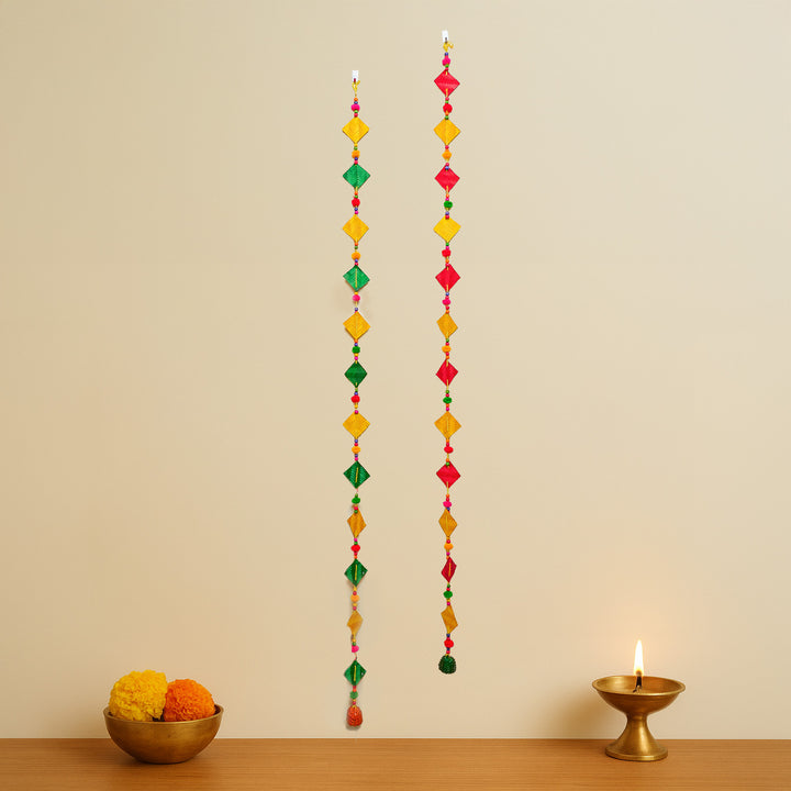 64 Inch | Extra Long Handmade Multicolor Square Pom Pom & Bamboo Hanging