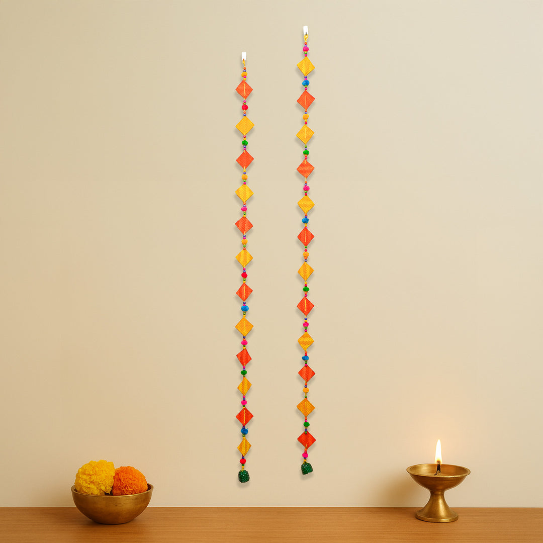 64 Inch | Extra Long Handmade Multicolor Square Pom Pom & Bamboo Hanging