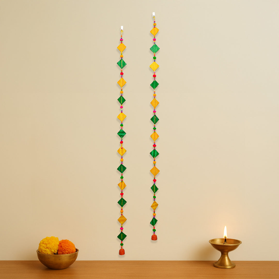64 Inch | Extra Long Handmade Multicolor Square Pom Pom & Bamboo Hanging