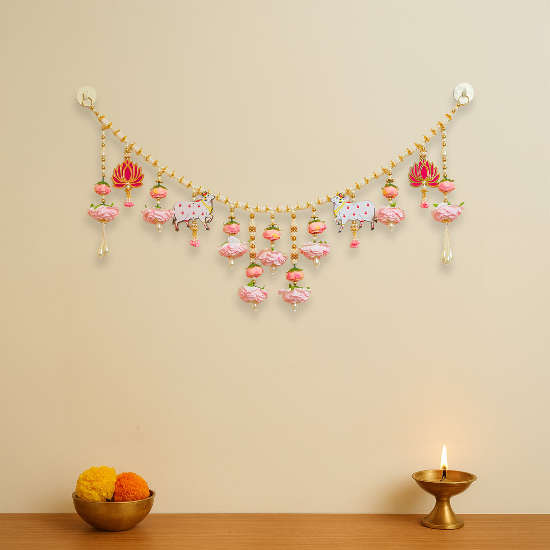 Handmade Pink Floral Pichwai Cow Toran