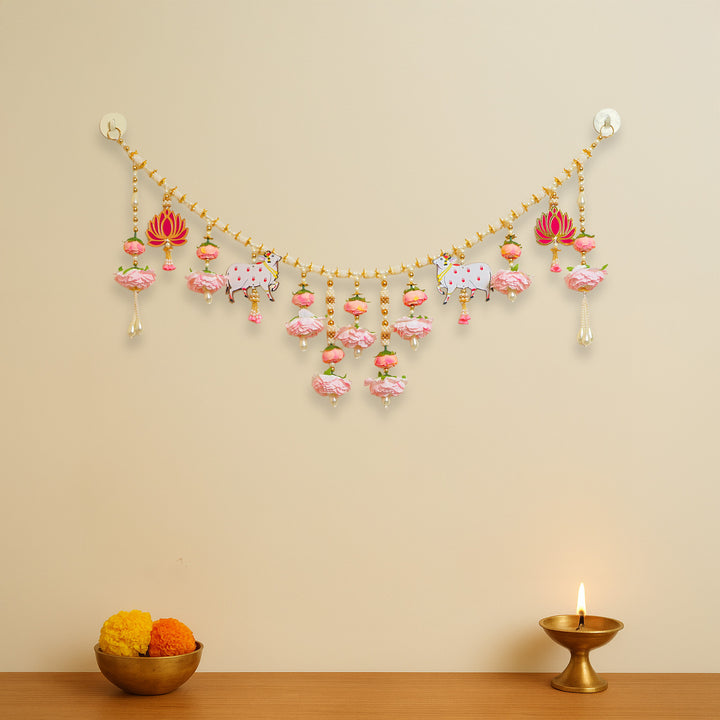 Handmade Pink Floral Pichwai Cow Toran