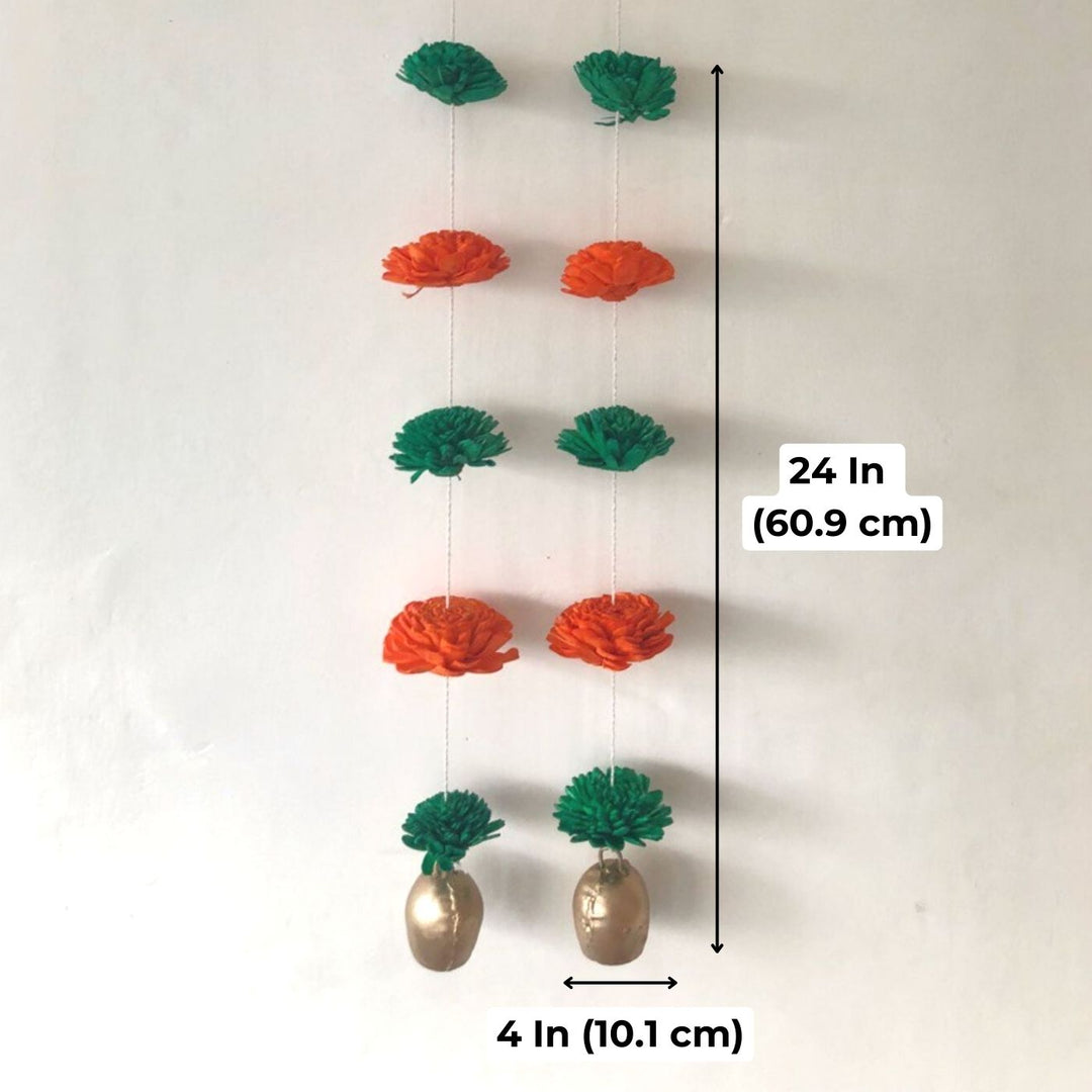 Shola Wood Marigold Flower Festive Bell Hangings - Set of 2