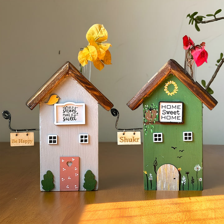 2 pc | Green & Lavendar Handcrafted Miniature Wooden House Planter/Pen Holder