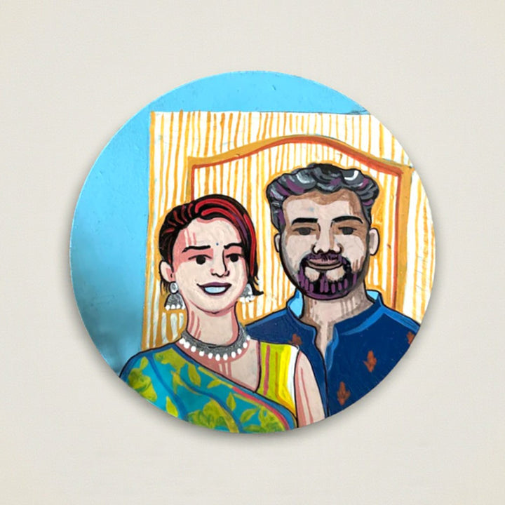 Photo Personalized Hand-Painted Round Pop Art Illustrated Caricature MDF Wood Fridge Magnet