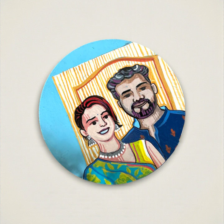 Photo Personalized Hand-Painted Round Pop Art Illustrated Caricature MDF Wood Fridge Magnet