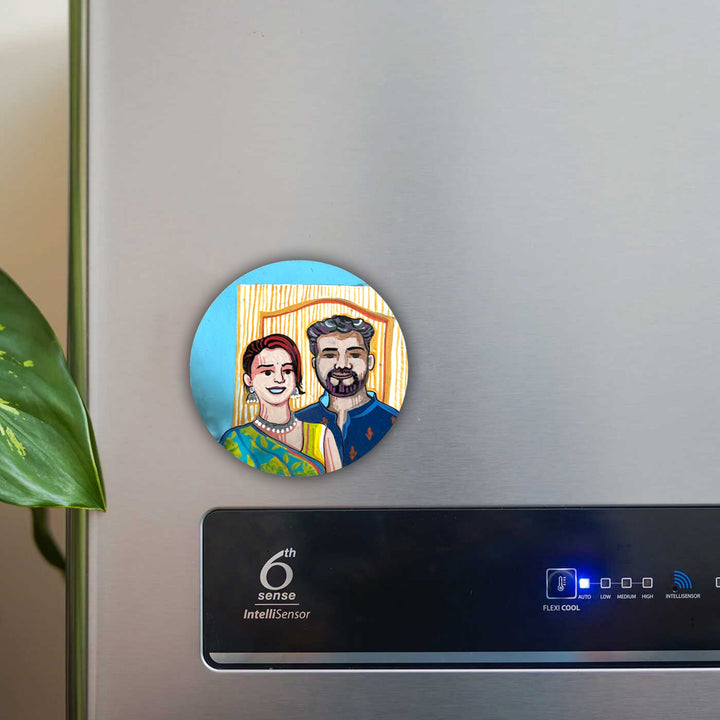 Photo Personalized Hand-Painted Round Pop Art Illustrated Caricature MDF Wood Fridge Magnet