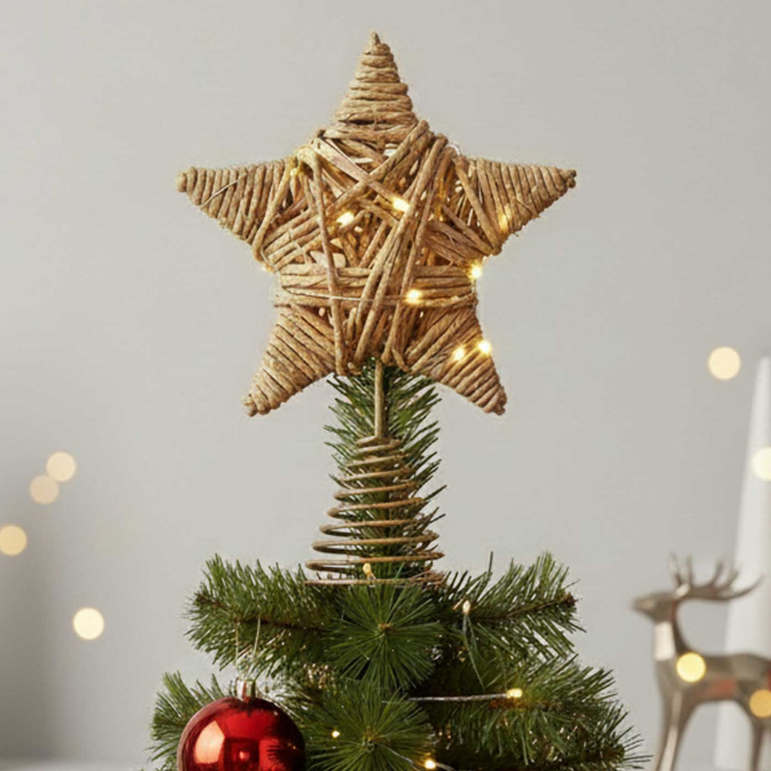 Handmade Banana Rope Star Christmas Tree Topper With Lights