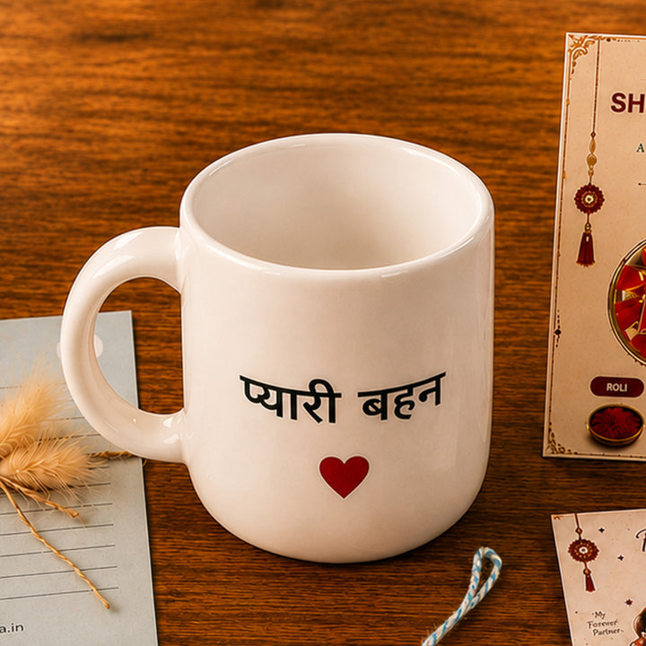 "Pyari Behan" Ceramic Mug Rakhi Hamper With Rakhi & Roli Chawal For Sister