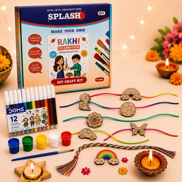 Paint-Your-Own Little Hand Theme Wooden Rakhi DIY Kit With Diyas Kumkum & Chawal | Set Of 6 | For Kids